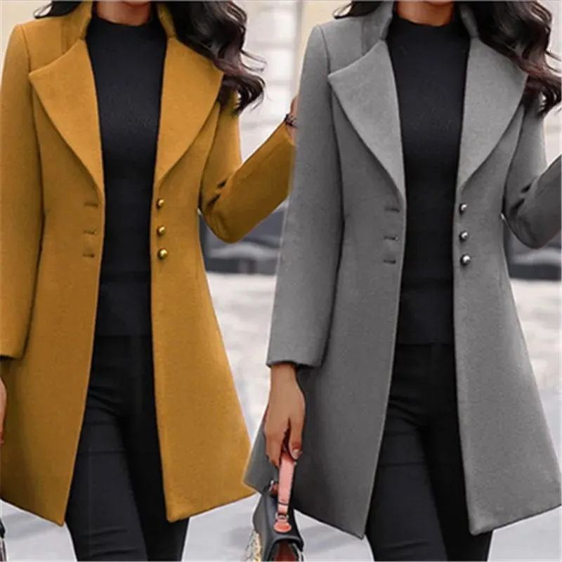 Women's Wool Blends Autumn Winter Woolen Coat Women Yellow Black Stand Collar Single-breasted Outer Wear Korean Style Slim Jacket 231122