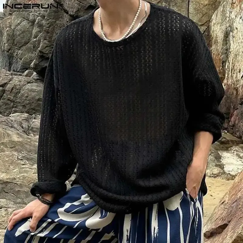 Homens camisetas Incerun Tops 2023 Estilo Coreano Bonito Mens Simples Lace Stripe Camiseta Moda Masculina Vendendo Manga Longa T-shirts S-5XL