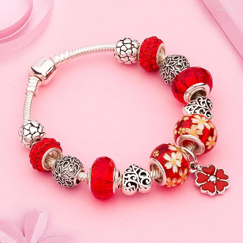 Bettelarmbänder Rote Blume Blatt Armband Silber Farbe Herz DIY Perlenschmuck