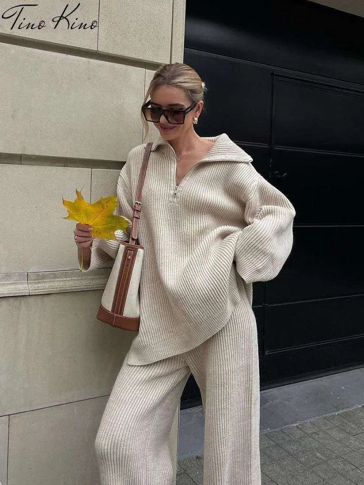 Conjunto de dos piezas de punto para mujer, suéter cálido de manga larga con abertura lateral, pantalones de pierna ancha de cintura alta, traje informal de invierno para mujer