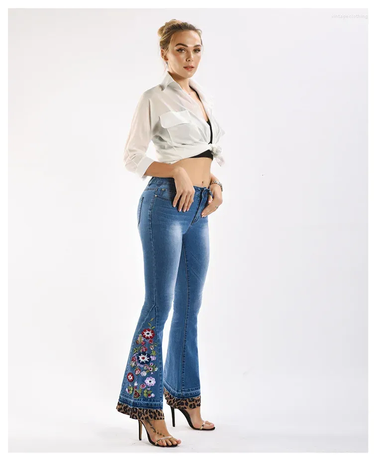Damen-Jeans, schlankmachende Denim-Hosen, Stickerei, schwere Industrie, Sommer-Patchwork-Flare, hoch tailliertes Design