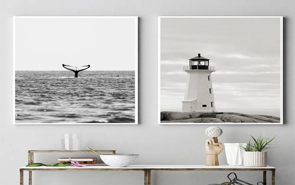 Faro in bianco e nero Poster Spiaggia Arte Pittura Balena Poster Nordic Poster e stampe Minimalista Wall Art Print Home Decor9464371