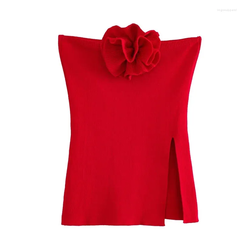 Tanques de mujer 2023 Mujeres Sujetador de punto Slim Fit Top Primavera / Verano Moda High Street Red Colgando Cuello Flor Tops