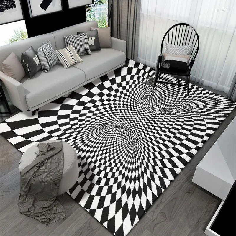 Tapis 3D Noir Blanc Vertige Pour Salon Décoration Maison Géométrie Simple Chevet Grand Tapis Tapis De Porte D'entrée Antidérapant