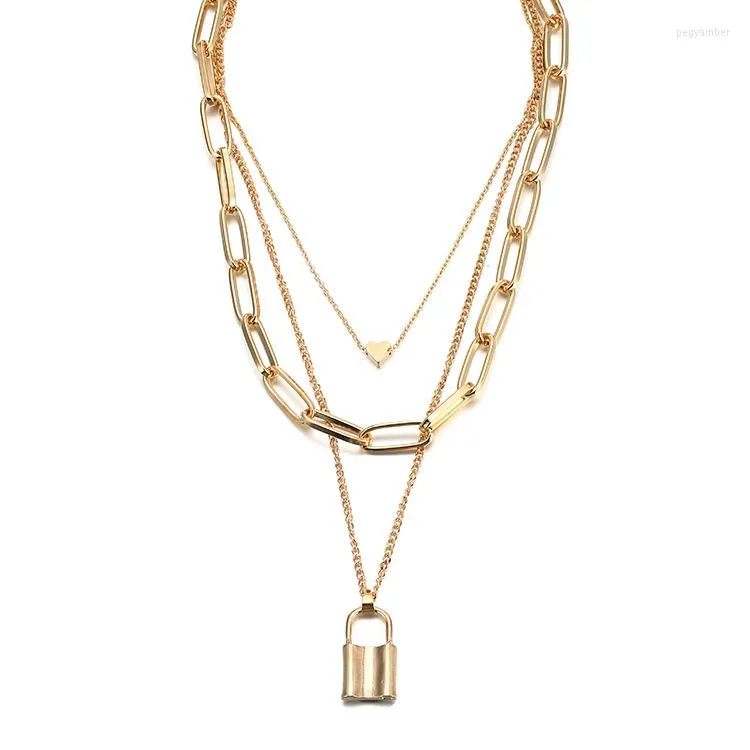 Chaînes multicouche tour de cou collier de verrouillage chaîne en couches sur le cou avec des bijoux punk Mujer clé cadenas pendentif pour les femmes