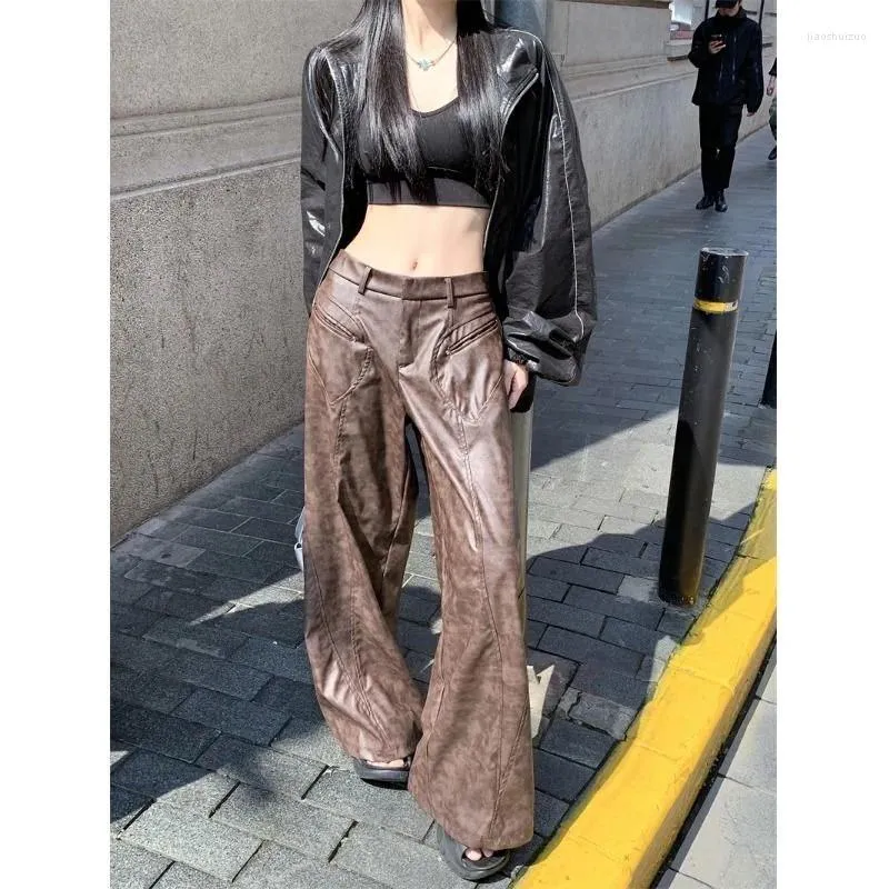 Women's Pants American Brown PU Leather Wide Leg High Street Retro Girl Loose Casual Fashion Waist Straight Trousers