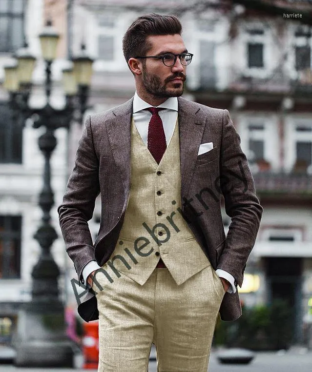 Trajes de hombre (chaqueta, pantalones, chaleco), traje elegante de lino  para hombre, boda en la playa, esmoquin marrón de 3 piezas, ropa bonita