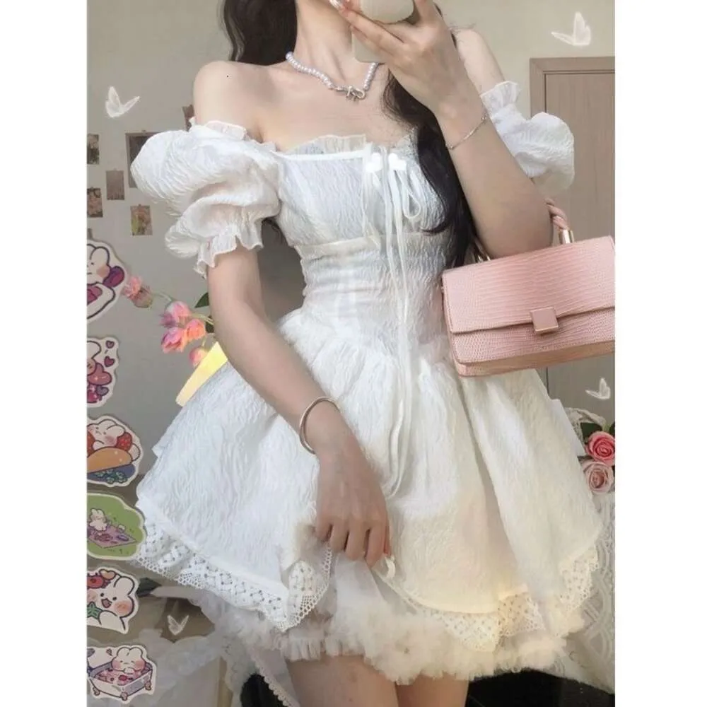 Ruffle Soft Girl White Lolita Dresschiffon Fairy Kawaii Woman Square Neck Retro Bow Puff Sleeve Mini Dress Lace Patchwork