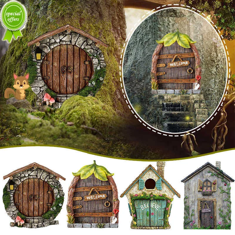 Neue Miniatur-Fee-Gnome-Türfiguren, Elfenhaus, Holz, Feengarten, Fenstertür, Kunst, Baumskulptur, Statuen, Ornament, Außendekoration