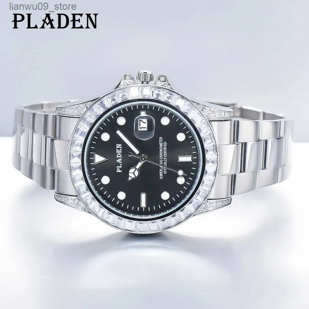 Wristwatches PLADEN Silver diamond Bezel Watches Luxury Sapphire Glass Automatic Date Watch Vintage Stainless Steel Quartz Clock DropshippingQ231123