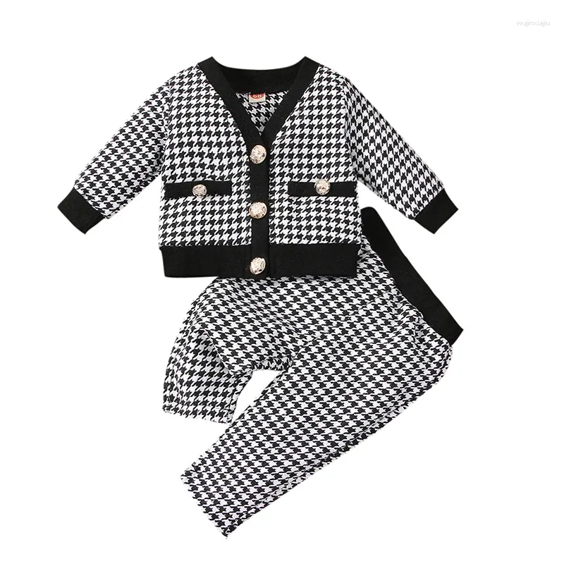 Set di abbigliamento Eleganti per bambini Vestiti per bambina Vintage Primavera Autunno Modello pied de poule Abiti Manica lunga Scollo a V con bottoni Pantaloni 0-4 anni