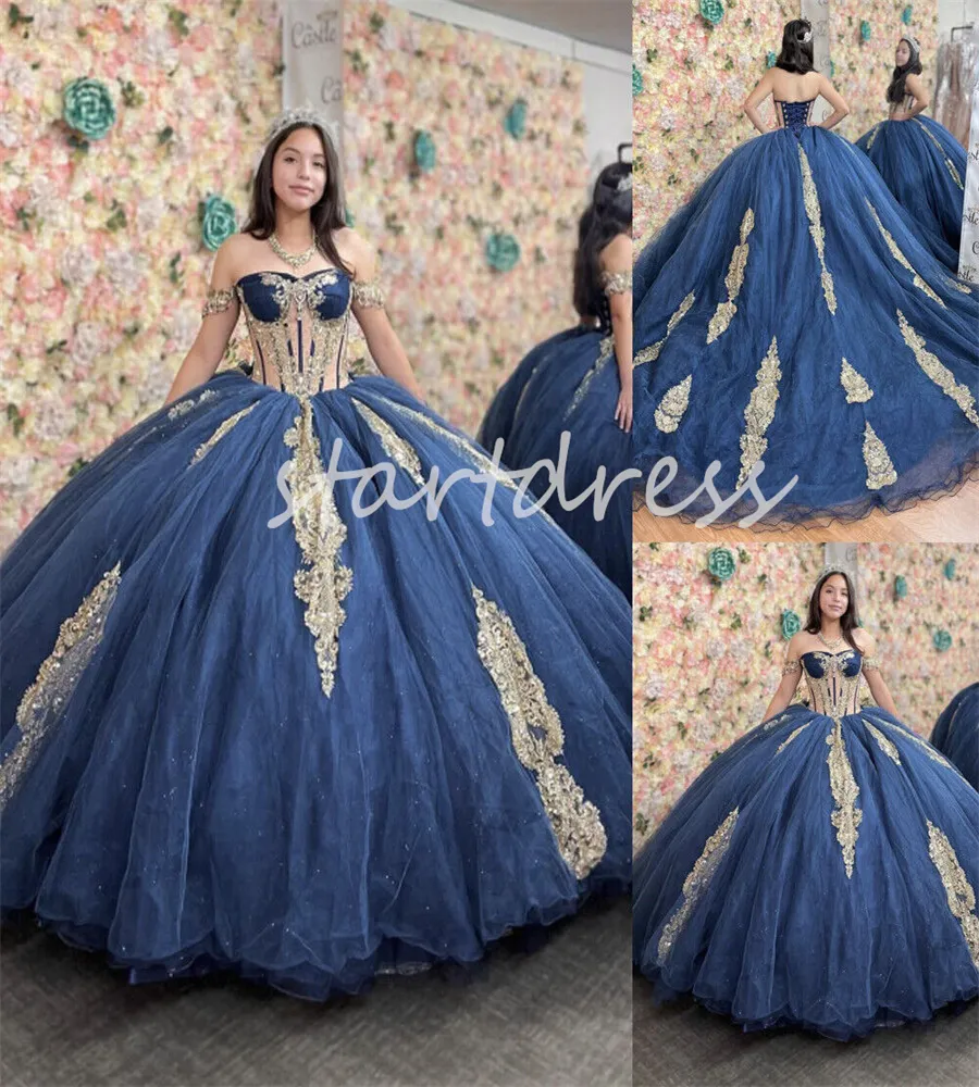 Elegante azul marinho quinceanera vestidos com renda de ouro ver através do espartilho vestido de baile frisado doce 16 aniversário vestido de 15 anos quinze xv vestido debutante baile 2024