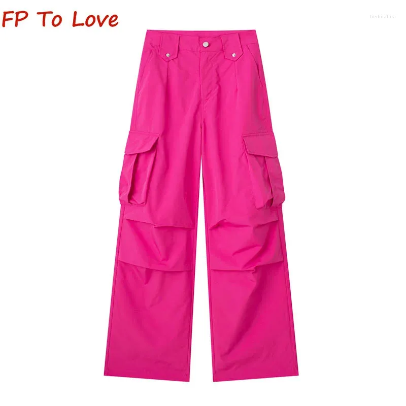 Women's Pants Y2K Pink Cargo Wide Leg Trousers Coffee Casual Large Pockets Pleated Straight Button Quality Rose Red Blue Outfit