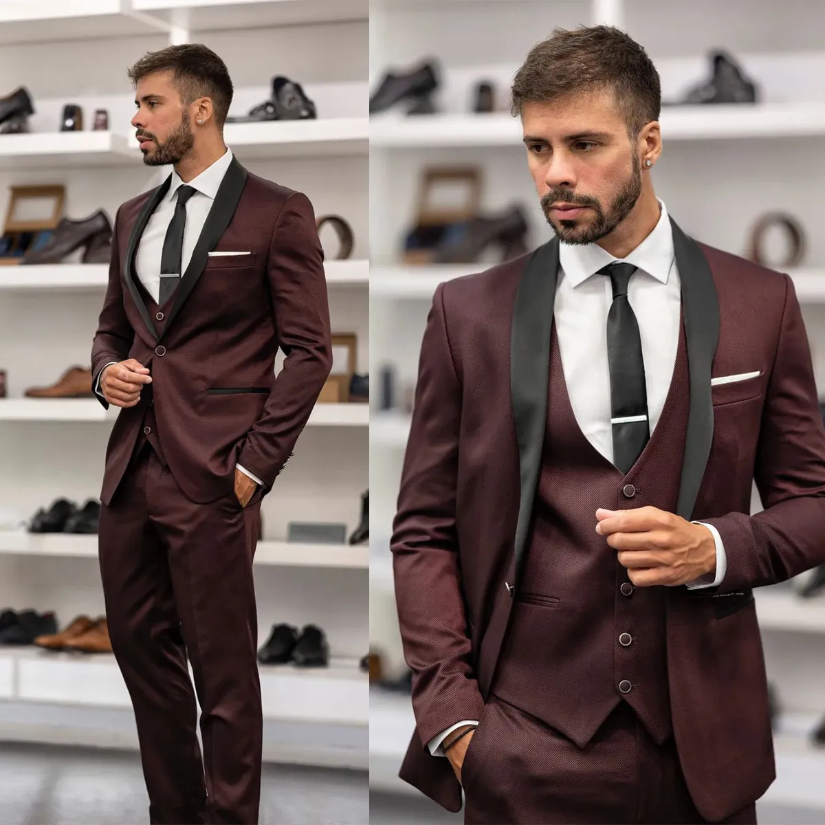 Masowe mężczyźni odpowiada Burgundii Slim Fit 3 sztuki Praień ślubny nosić najlepsze mężczyzn Tuxedos kostium Homme Mariage Pants Pants kamizelka