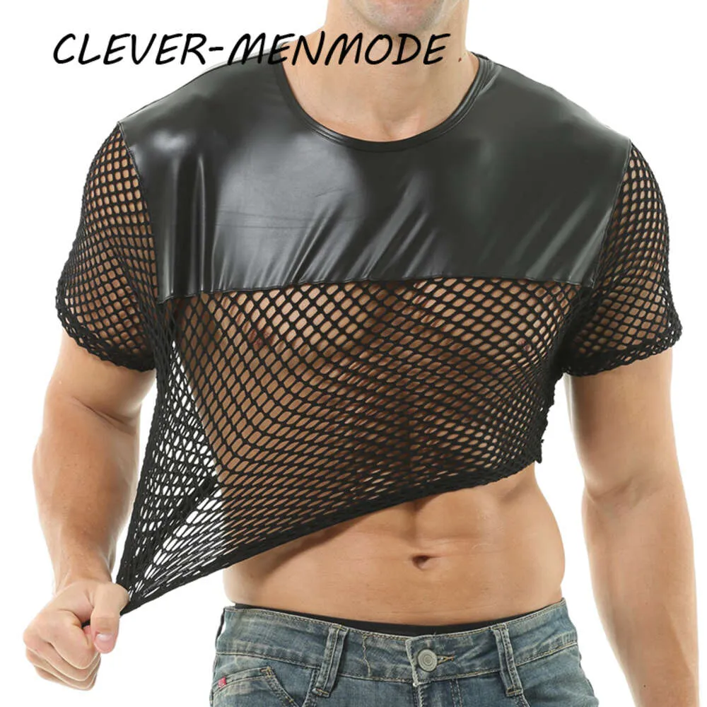 Men's Sexy Fishnet Sheer Corset PU Novelty Lingerie Nude Fetish Sissy Upper Body Bikini Outfit Mankini Gay