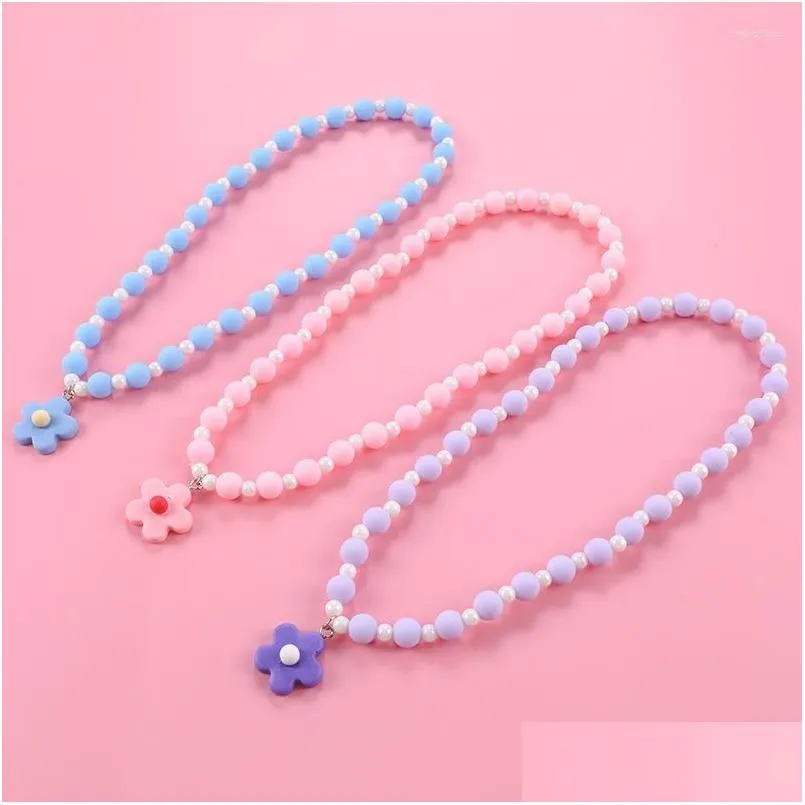 Pendant Necklaces Pendant Necklaces Sweet Kids Necklace Resin Cute Princess Flower Children Pink/Blue/Purple Bead Set For Girls Child Dhjq5