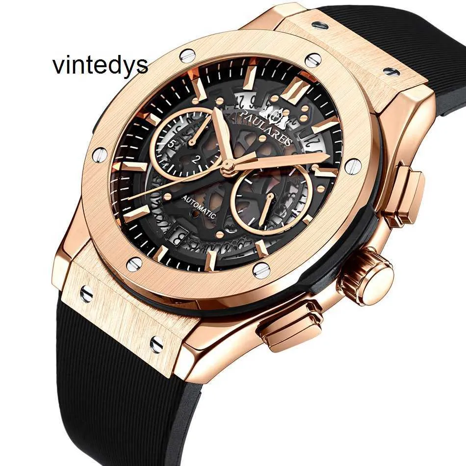 Quartz horloges voor mannen gesimuleerde automatische mechanische rubberen riem multifunctioneel lopende tweede timing rose goud kwarts herenhorloge horloge