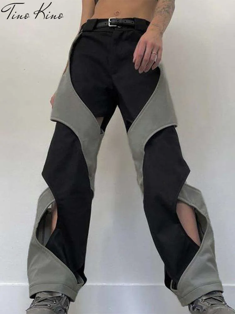 Y K-pantalones de calle con contraste calado para mujer, Pantalón recto de cintura alta, asimétrico, elegante, informal, de retales, para correr