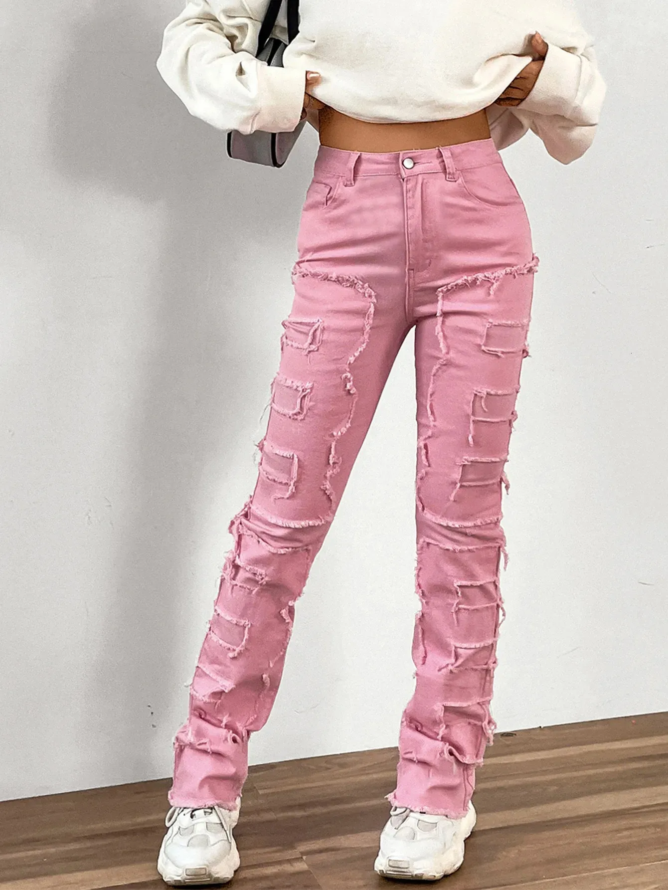 Stylish Pink Stretchy Denim Pink Jeans Women With Ripped Detailing For Women Y2K Womens Clothes From Fan01 28.01 DHgate.Com