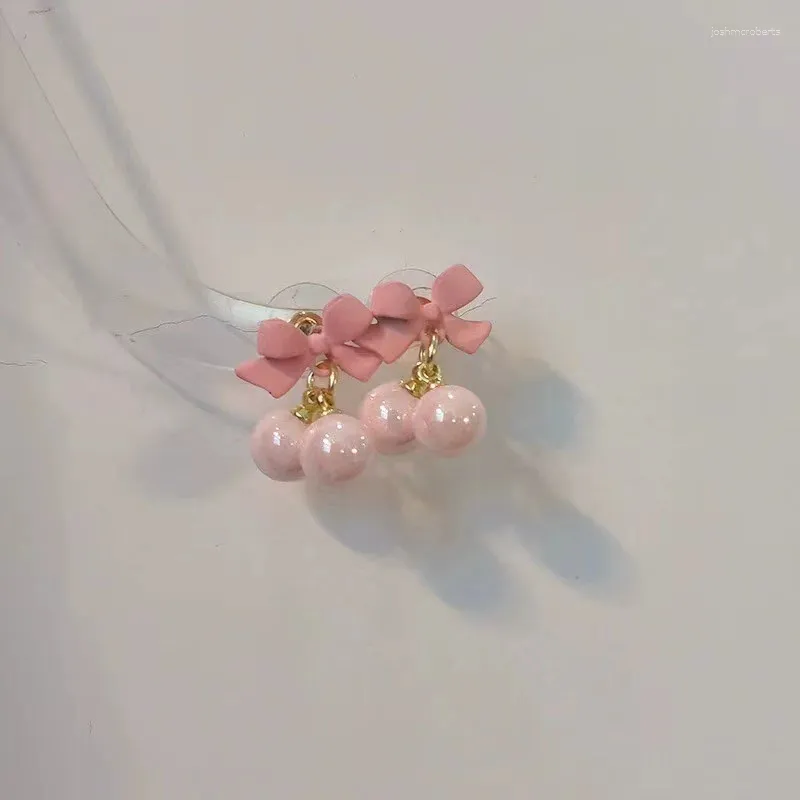 Dangle Earrings Super Sweet Pink Bow S925 Silver Needle Girl Heart Candy Bead Summer Fresh