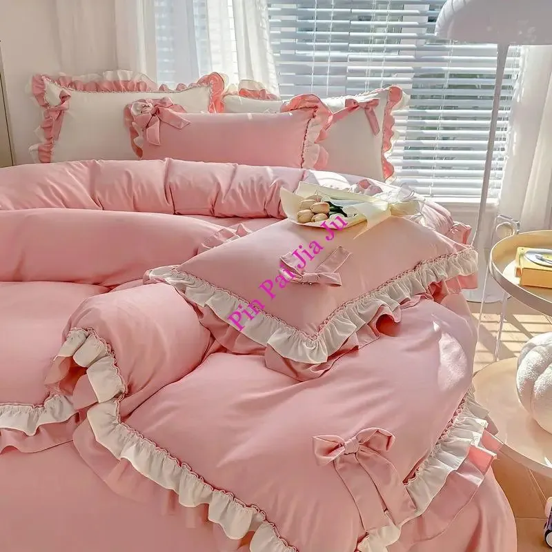 Bedding sets Luxury Princess Ruffle Bow Bed Linen Thicken Warm Washed Cotton Quilt Cover Sheet Pillowcase Decor Bedroom Pink Girl Bedding Set 231122