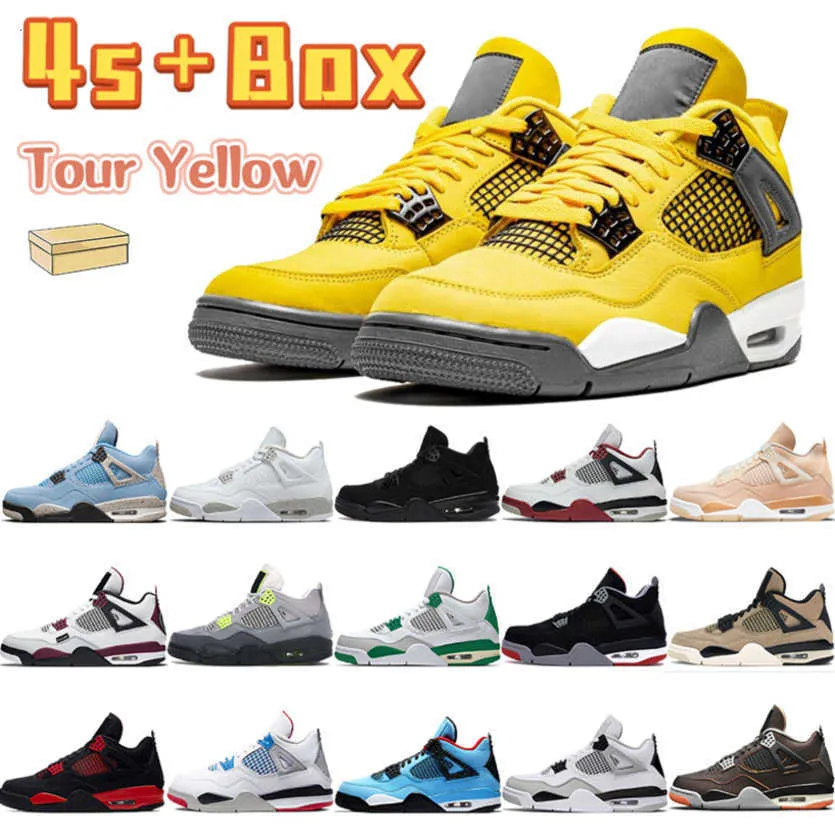 with Box Jordns Jumpman Tour Yellow 4 4s Men Retro Basketball Shoes Black Cat University Blue Shimmer Fire Red Thunder White Oreo Metallic Green Mens Sports