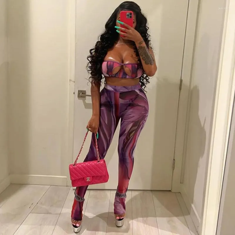 Women's Tracksuits Fashion Sexy High Street Suit Cleavage Camisole Mid Waist Color Blocking Pants Mesh Printing 2 Piece Set Women