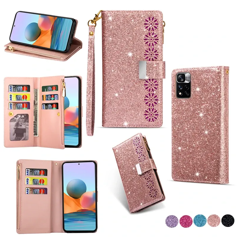 Étui portefeuille de luxe en cuir à paillettes pour Xiaomi Redmi Note 12 4G 12 10 11 Pro Plus 11E 11T 10S 9S 8 11SE, avec porte-cartes et béquille