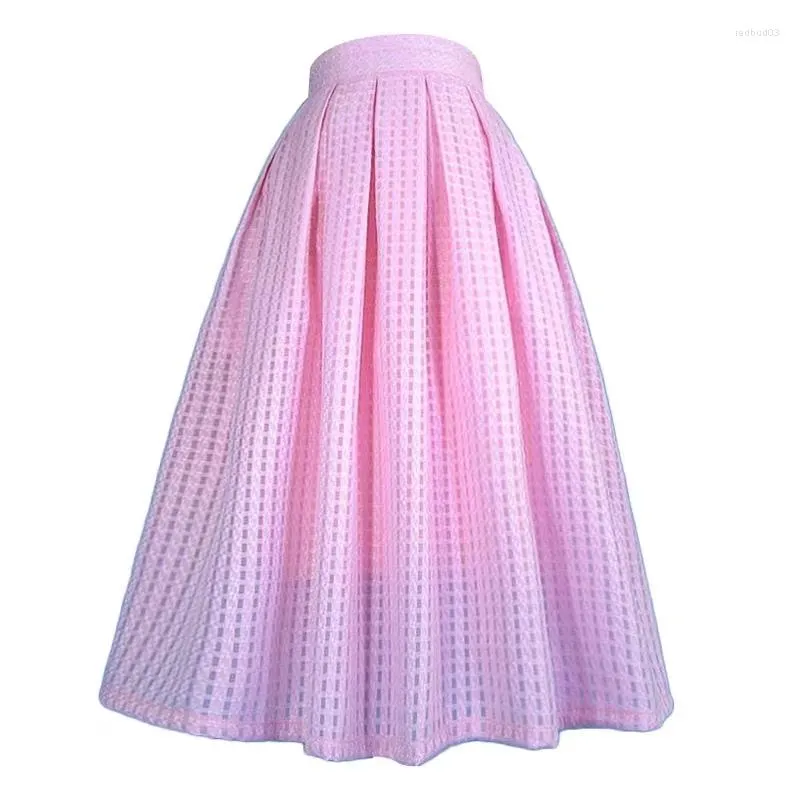 Skirts 2023 Spring Summer Korean Woman Vintage Elegant Waffle Plaid High Waist Pleated Skirt Pink White For Office Lady Work Wear