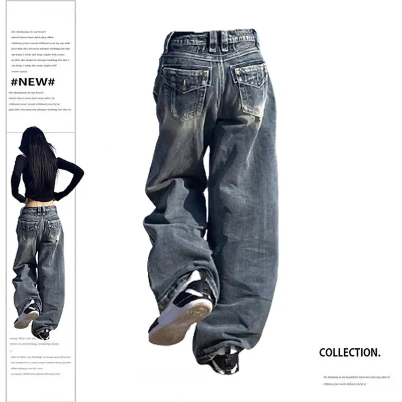 Vintage Baggy Blue Jeans: High Waist Denim Trousers, Korean 2000s