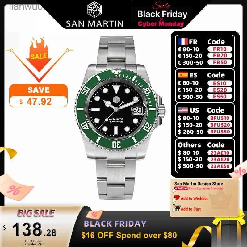 ساعة معصم San Martin Men Diving Watchs Luxury Business Stainless Steel Watch Mechanical Watch Sapphire Glass Glass 20bar SN0017Q231123