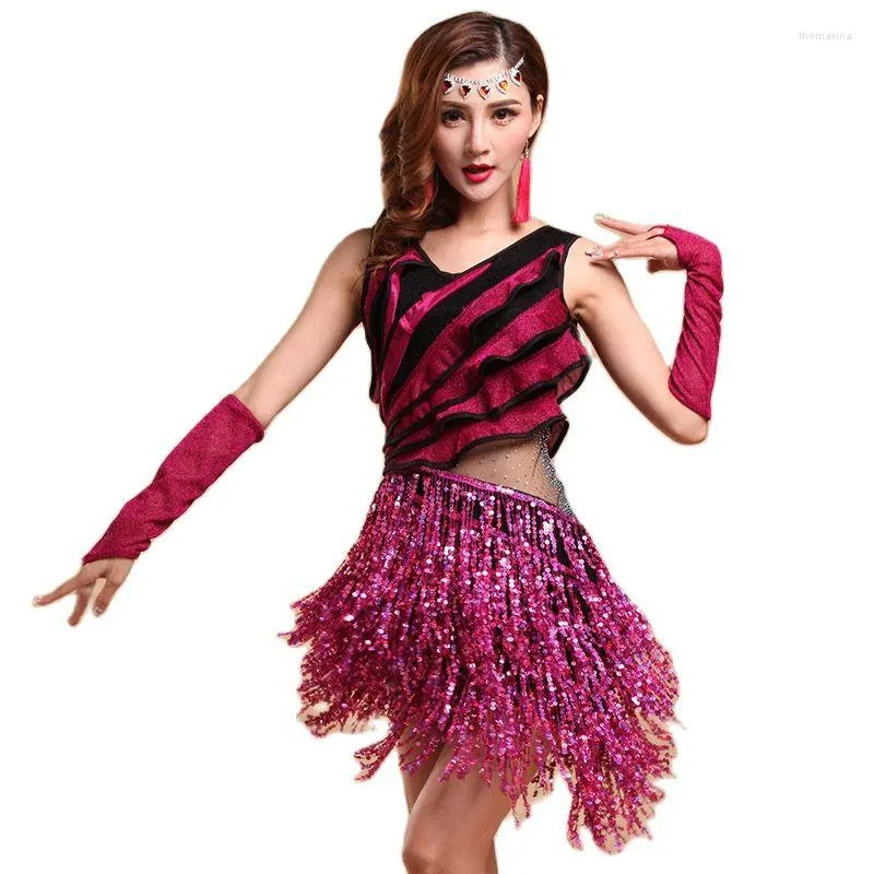 Stage Wear Tassel Sequins Latin Dance Costume Mesh Through Fringe Skirt Dress For Women Ballroom Competition Clothing Dancer Party Outfits