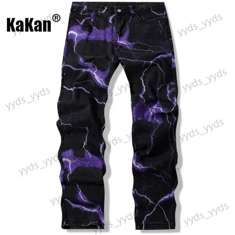 Jeans masculinos Kakan - Novos jeans tingidos com estampa relâmpago da Europa e América para homens tendência de rua folgada calça jeans de comprimento reto53 T231123