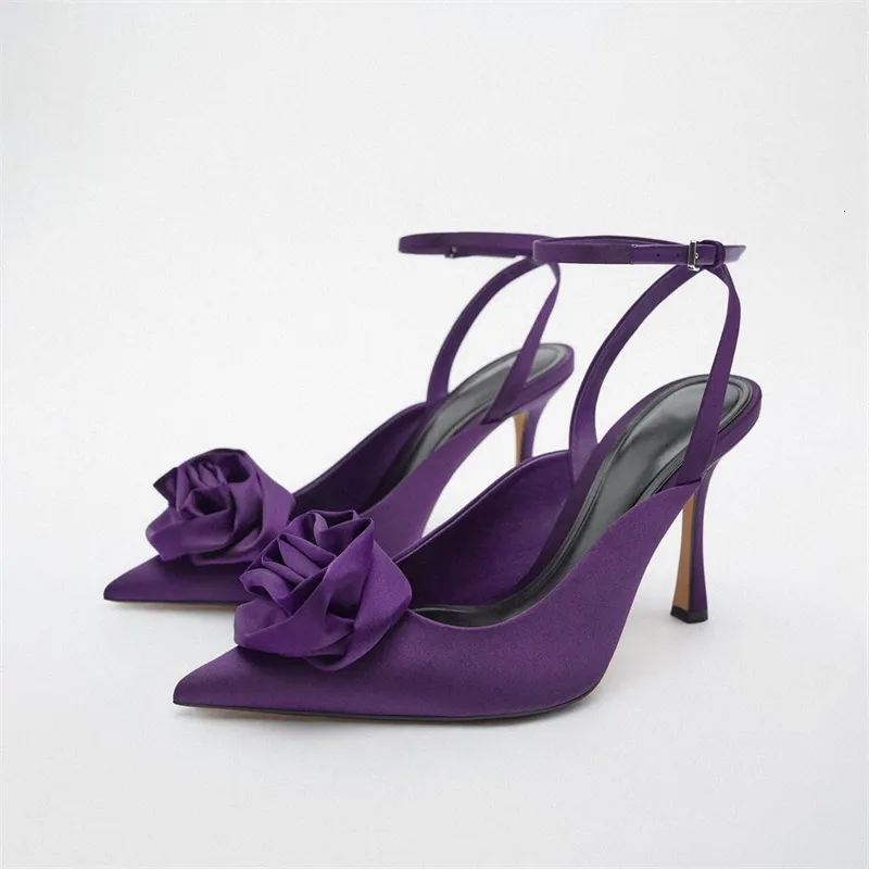 サンダルトラフ秋の花のかかと女性のための靴のハイヒールハイヒールの女性紫色の尖ったつま先スリングバックパンプス結婚式ブライダルシューズ230422
