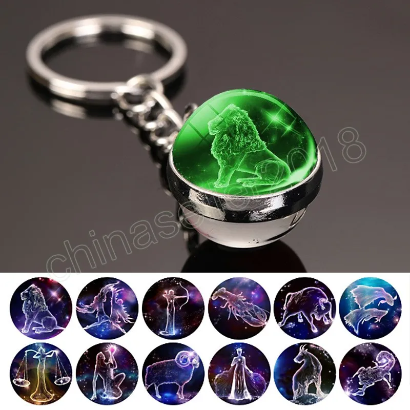 Luminous 12 Constellation Glass Ball Key Pierścienie dwustronne zodiakowe klęcznik Blask w ciemności dla kobiet Prezent urodzinowy