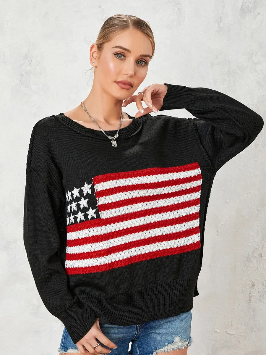 Camisola feminina outono inverno malha suéter América EUA bandeira impressão manga comprida gola solta malhas femininas casuais jumpers pullovers tops 231123