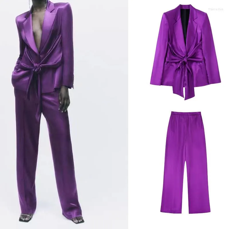 Kvinnors tvåbitar byxor Vintage Solid Purple Women Suits Long Sleeve Bow Lace Blazer High Elastic Midje Fashion 2023 Office Lady Lady