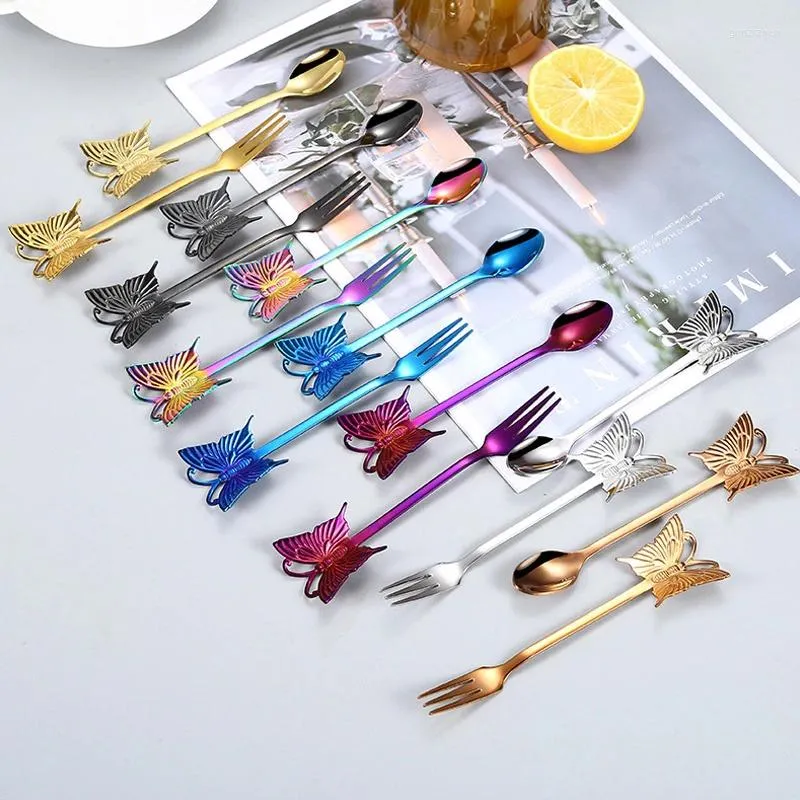 Dinnerware Sets 2Pc Stainless Steel Coffee Spoon Gold Plated Sugar Dessert Fruit Fork Mirror Polishing Butterfly Handle