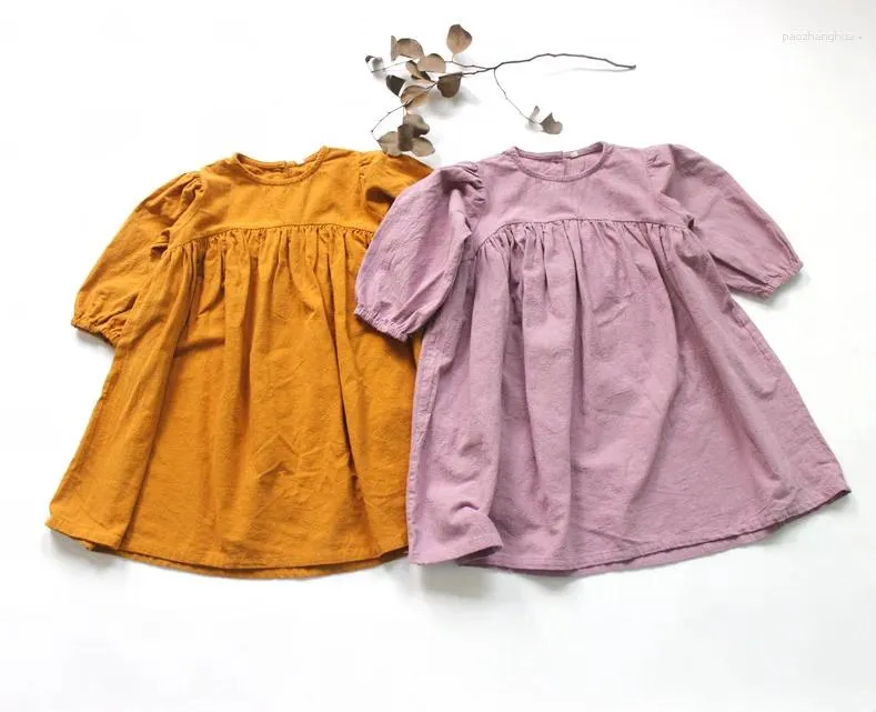 Robes d'automne et d'hiver pour filles, Style coréen, en coton et lin, couleur Pure, ample, pour enfants