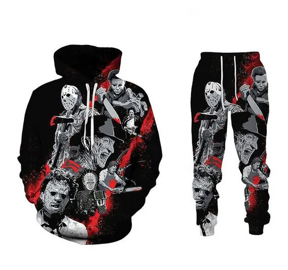 Drôle 3D Clown Imprimé Mode Sweat À Capuche + Pantalon De Survêtement Halloween Sweat À Capuche Veste Décontractée À Manches Longues Hommes / Femmes Sportwear Survêtement Ensembles RA013