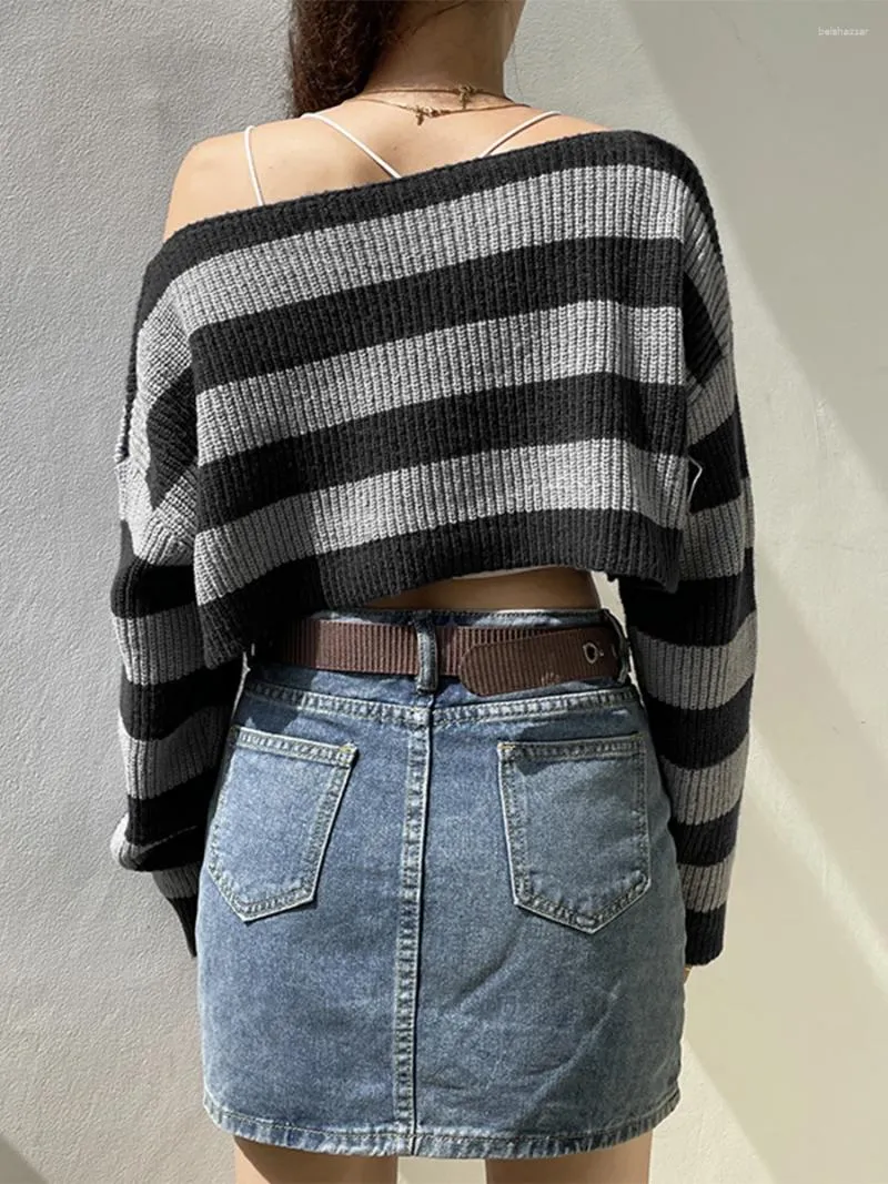Suéteres femininos Mulheres listrado suéter fora do ombro manga comprida cortada solta tops de malha