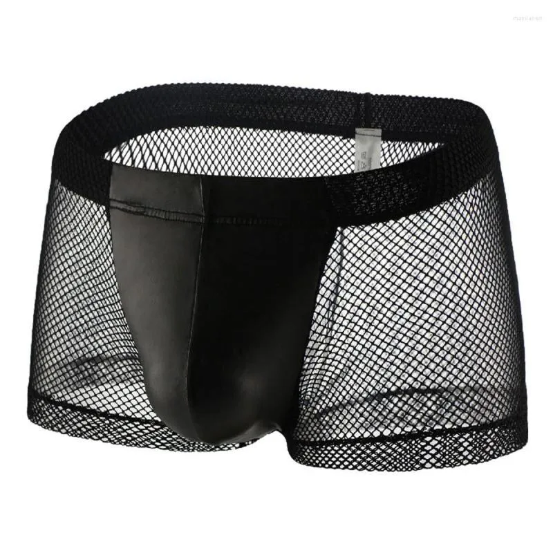 Underbyxor män underkläder shorts underkläder sexigt mesh transparent pu läder penis påse boxare klubbkläder man