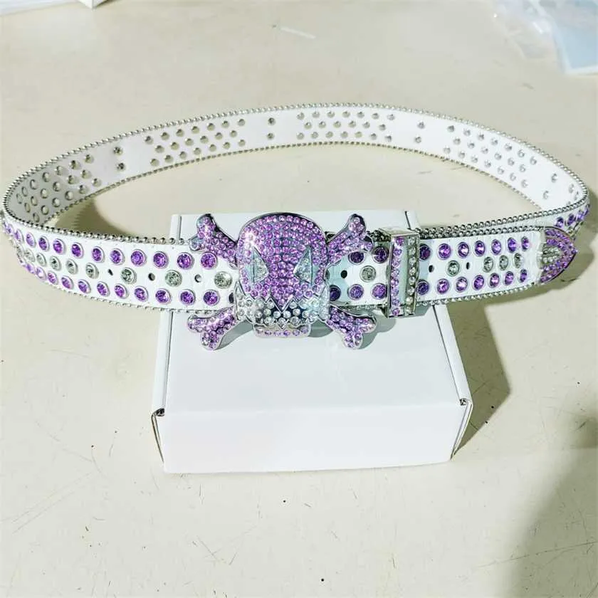 26% OFF Designer New Skull Head Diamond Purple Shiny Leather Double Paddle Waist Belt