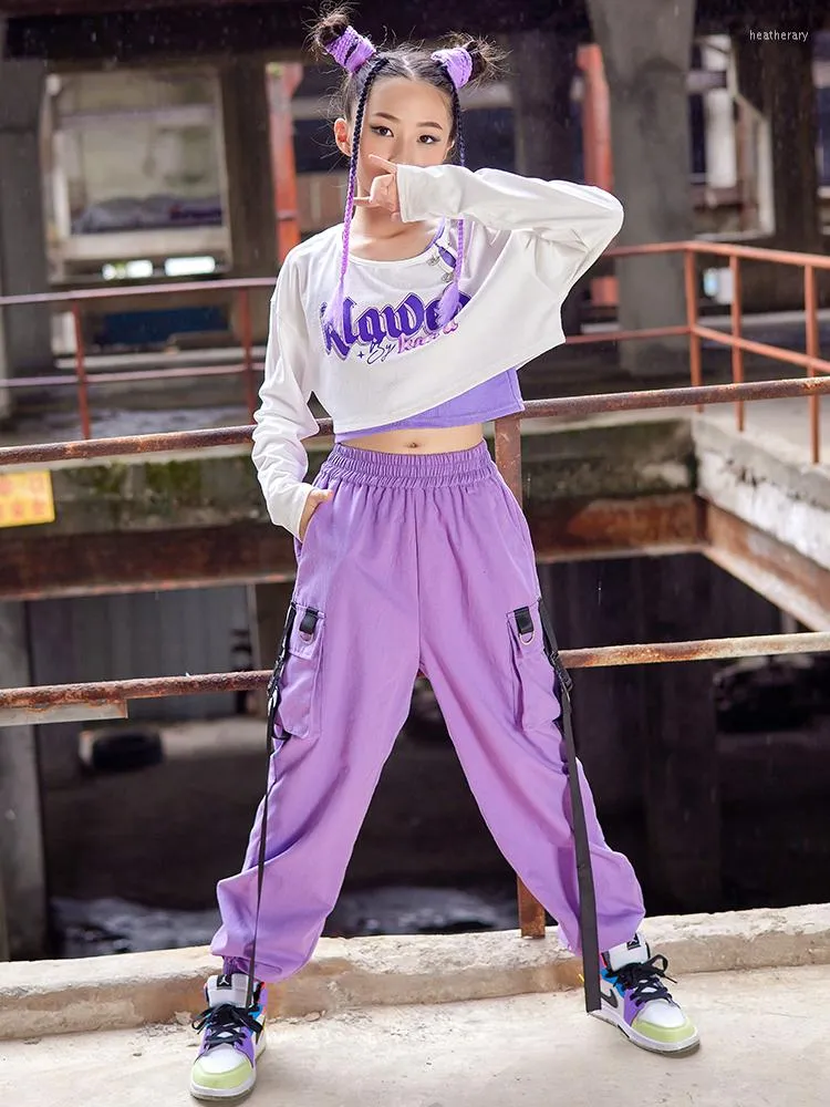 Girls White Crop Top And Purple Cargo Pants Set For Jazz Dance, K Concerts,  And Shows BL9259 From Heatherary, $26.56