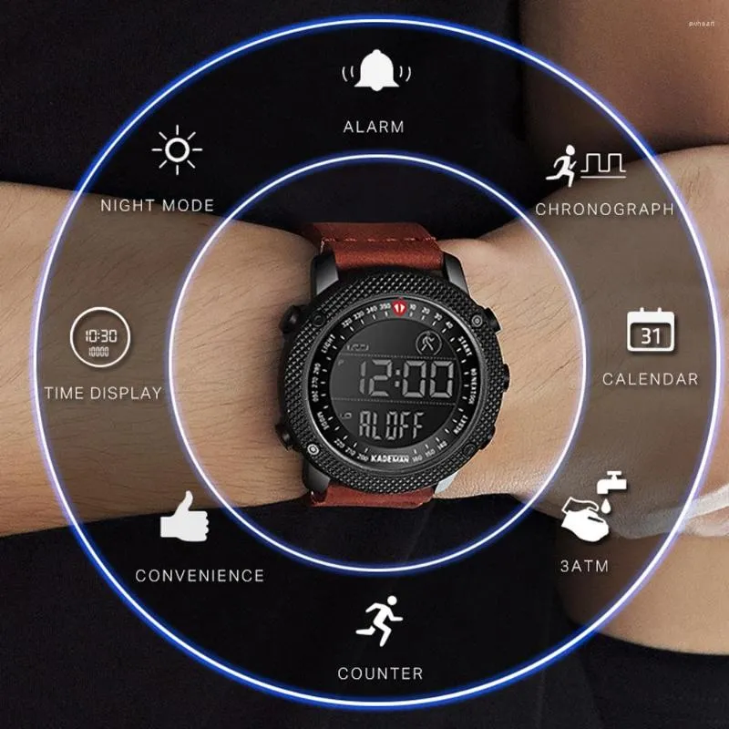 Armbanduhren Marke Herrenuhren Kreative Schrittzähler Digital Sport Wasserdichte Militärmode Lederuhr Männliche Uhr KADEMAN