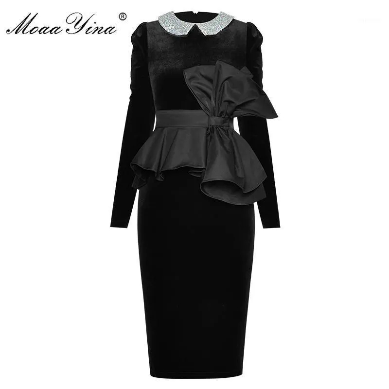 Casual Dresses MoaaYina Fashion Designer Dress Spring Women Sequins Turn-down Collar Long Sleeve Velvet Package Hip Sexy Party