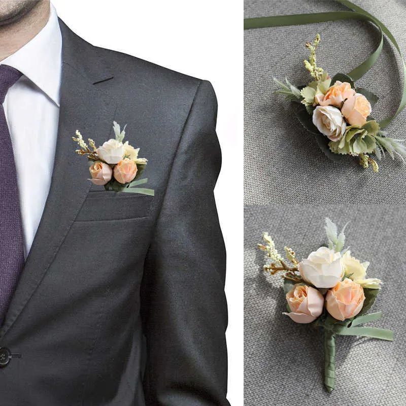 その他のファッションアクセサリーリストコサージウェディングマンBoutonniere Girl Bracelet Groom Pins Bridesmaid Wrist Corsage Flower Silk Red Rose Boutonniere J230422