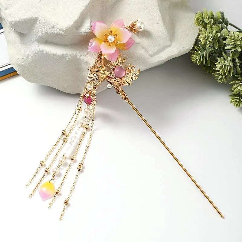 Hårklämmor Antik hårnål Kinesiska pinnar för flickor Golden Tassel Floral Hanfu Bun Chopsticks Vintage Metal Clasp smycken