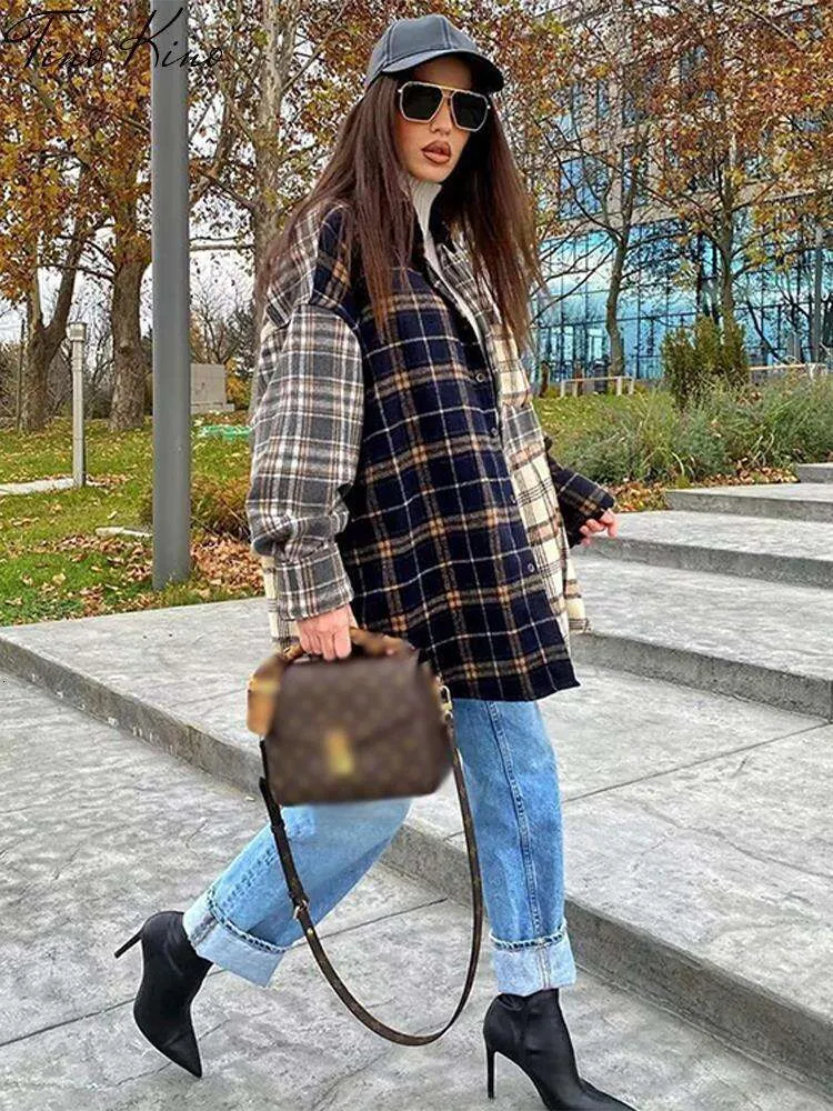 Women S Vintage Plaid Patchwork Fashion Autumn Long Sleeve Shirt Female Oversized Single Breasted Pockets Lady Top