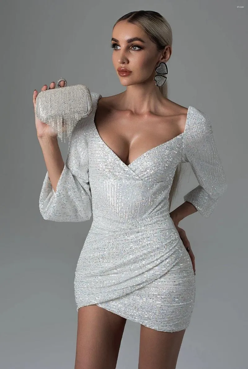 Casual Dresses Women Sexy Sparkly Asymmetric Party Dress Silver V-neck Long Sleeve Bodycon Prom Sequin Backless Chic Short Evening Gown